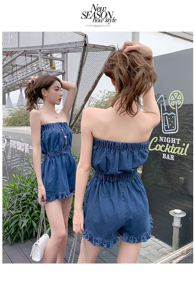 Macacão com top tubo Gentle para férias, shorts jeans de cintura alta, pernas largas, macacão siamês com orelhas de madeira, estilo de verão.