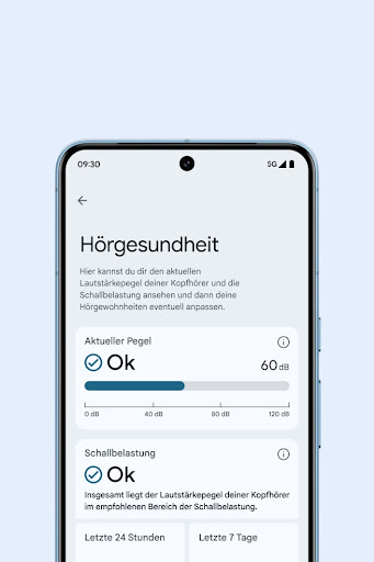 Auf einem Pixel Smartphone sind in der geöffneten Pixel Buds App Informationen zur Hörgesundheit zu sehen