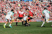 Courtnal Skosan gets tackled during Super Rugby semi-final the Emirates Lions vs the Pulse Energy Highlanders Highlanders in the Super Rugby semi-finals on Saturday at the Emirates Airline Park in Johannesburg.