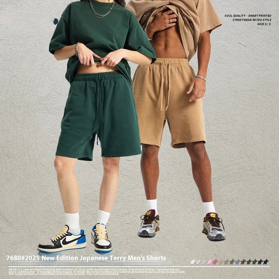Shorts Esportivos Masculinos Vintage de Algodão Puro, Tingimento Bi padrão, e Terry Lavado. Conforto e estilo únicos para seus treinos e dia a dia.