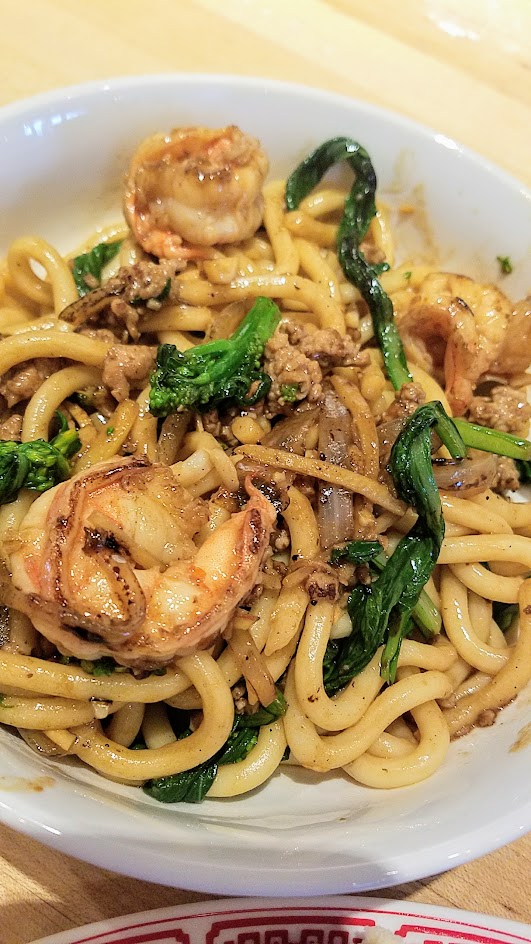 XLB Portland dish of Shanghai Pork and Shrimp Noodles with stir fried udon noodles tossed with ground pork, shrimp, and yu choy.