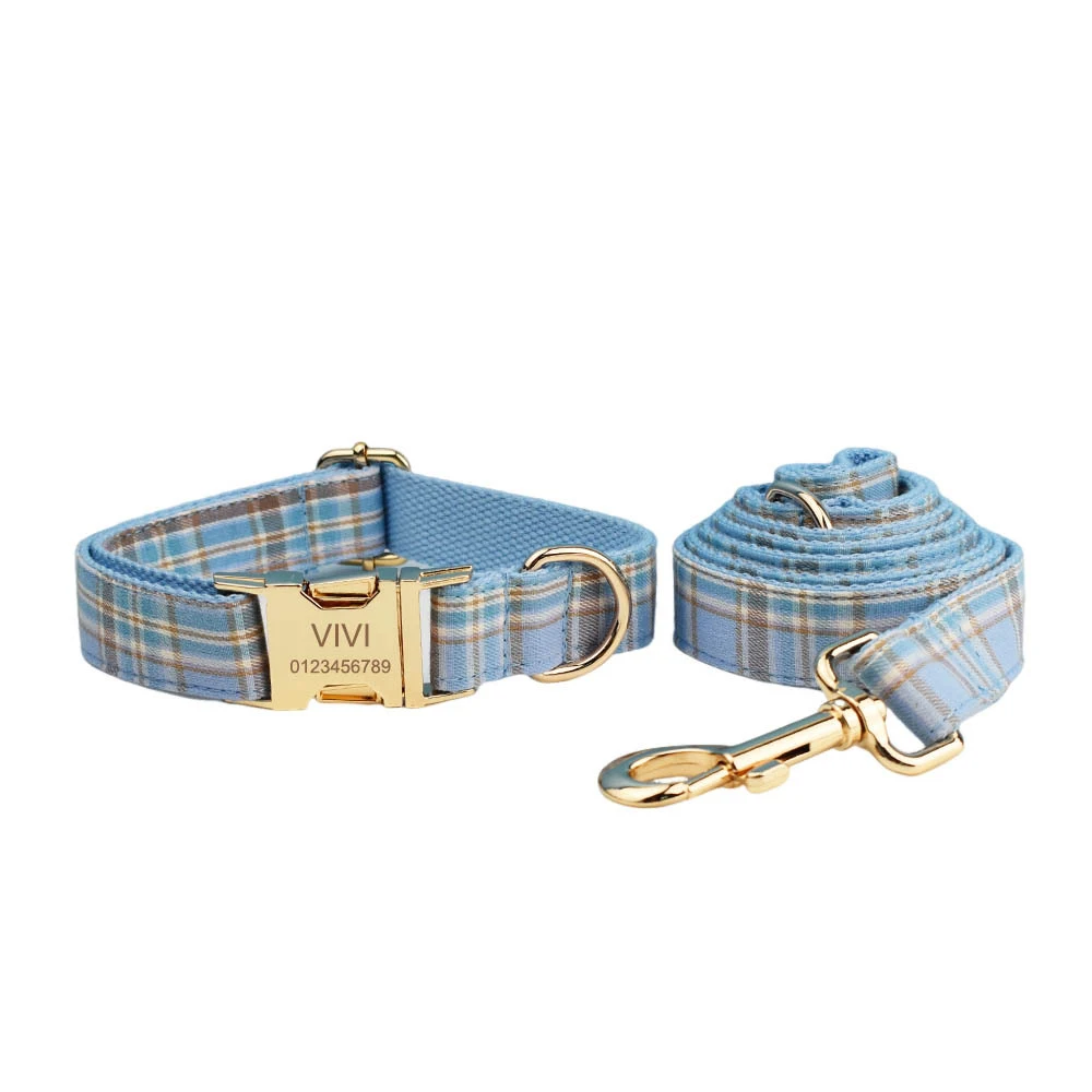 Title 13, Sky Blue Grid Forest hondenhalsband en riem, vo...