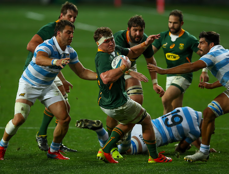 Jasper Wiese of the Springboks gains ground during the Rugby Championship match against Argentina at the Nelson Mandela Bay Stadium on Saturday