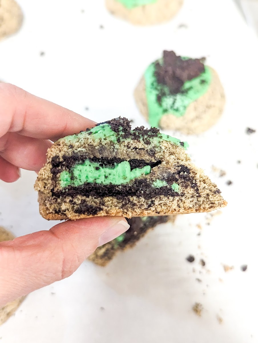 Gluten Free, dairy free, mint Oreo stuffed cookie