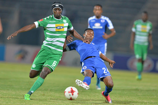 Mpho Maruping and Mandla Masango during the Absa Premiership match between SuperSport United and Bloemfontein Celtic at Lucas Moripe Stadium on May 03, 2017 in Pretoria, South Africa. (Photo by Lefty Shivambu/Gallo Images)