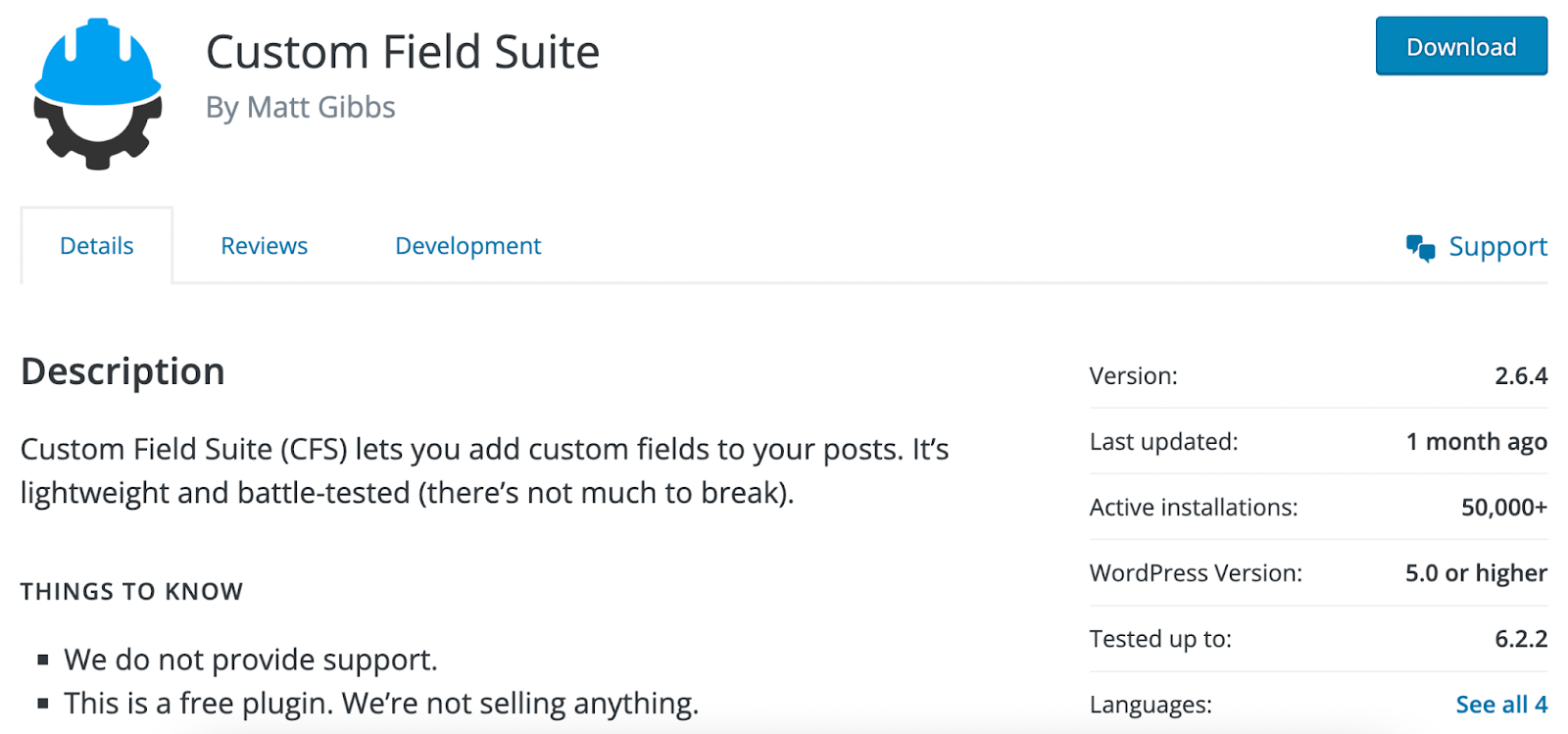 screenshot of the Custom Field Suite plugin on the WordPress plugin directory