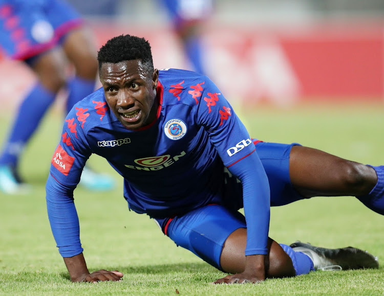 Newly signed SuperSport United striker Evans Rusike goes to the ground during the Absa Premiership match against AmaZulu at Lucas Moripe Stadium, Atteridgeville South Africa on 31 January 2018.