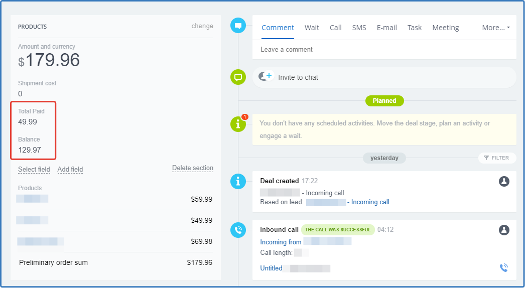 Screenshot of the Deal card — fields for payment and columns added to the About Deal section