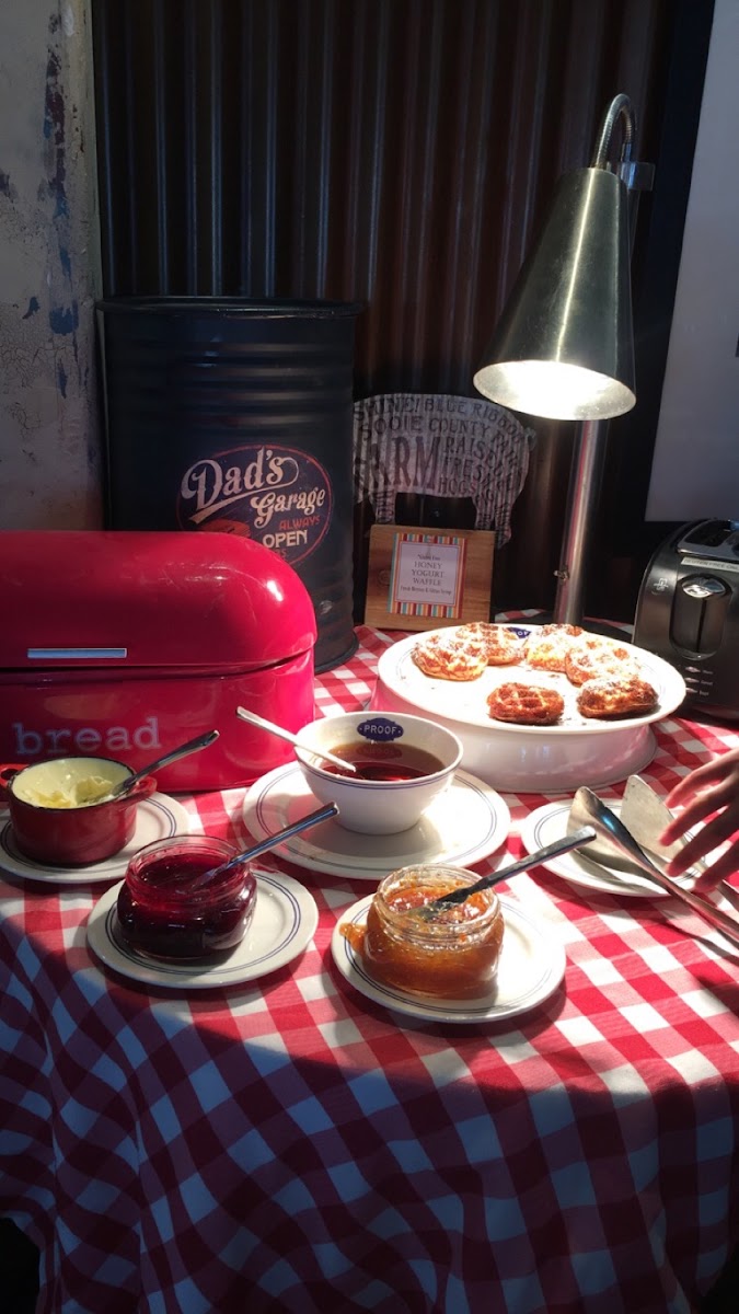 Gluten free table with waffles, bread, dedicated toaster in buffet