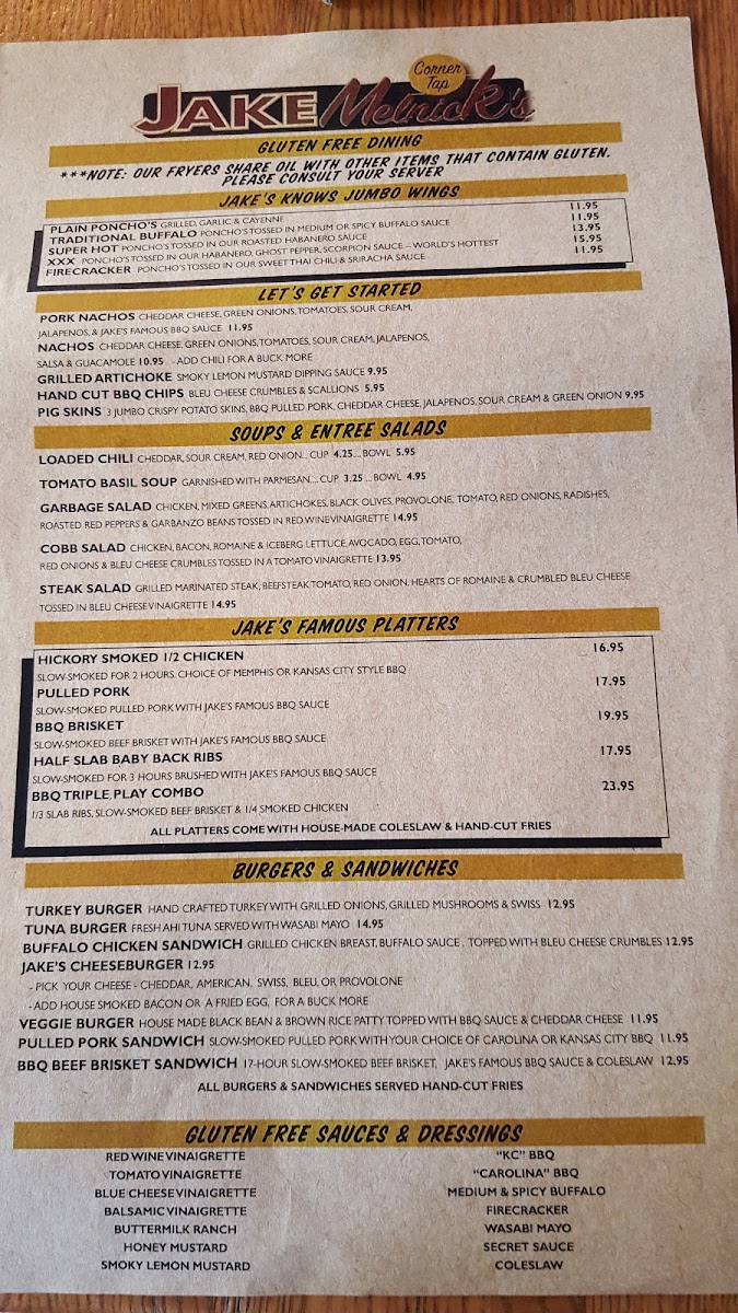 Jake Melnick's Corner Tap gluten-free menu