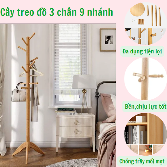 Cây Treo Quần Áo 3 Chân 9 Nhánh - Cây Treo Đồ Bằng Gỗ Cao Su Thiên Nhiên Chịu Tải Trọng Đến 30Kg