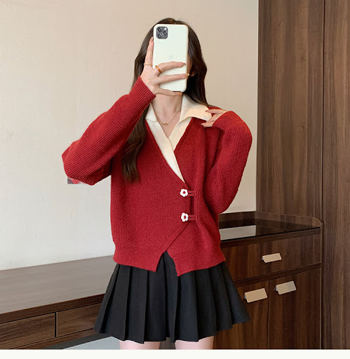 Title 4, Chinese Style Red Irregular Sweater Coat For Women