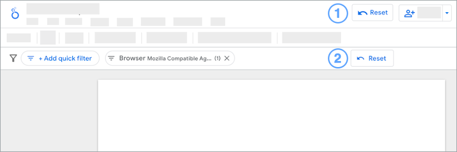 Benutzeroberfläche des Looker Studio-Editors mit der Schaltfläche zum Zurücksetzen auf Berichtsebene und der Schaltfläche zum Zurücksetzen der Filterleiste 