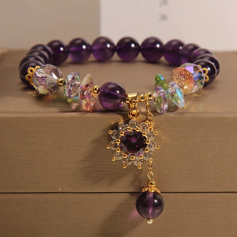 Bracelet Améthyste Femme Rétro Exquis Micro Incrusté Pendentif TOURNESOL. Un bijou élégant et intemporel, parfait pour toutes les occasions.