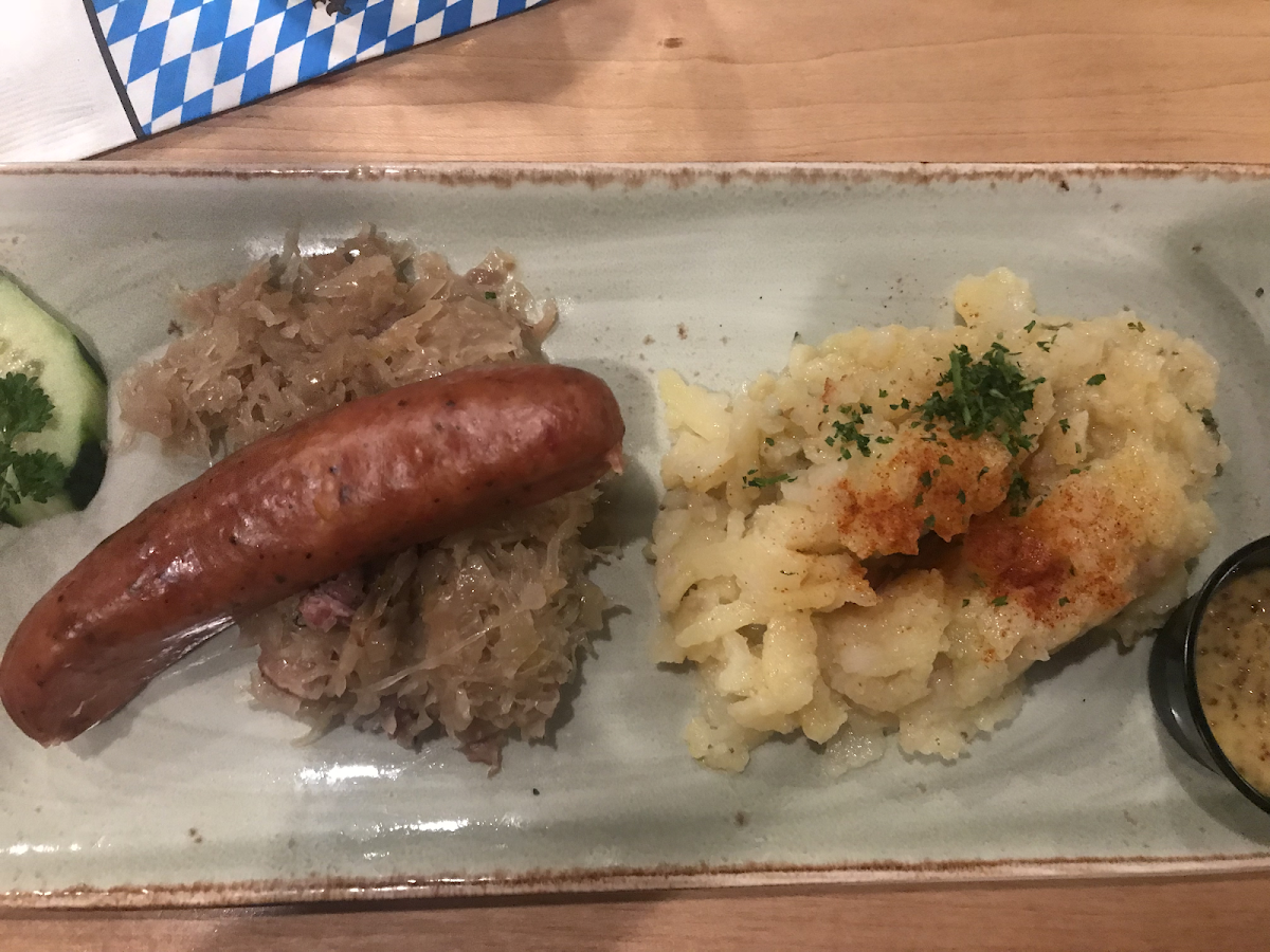 Garlic chicken sausage, kraut, and their cold potato salad (also egg free). Very good.