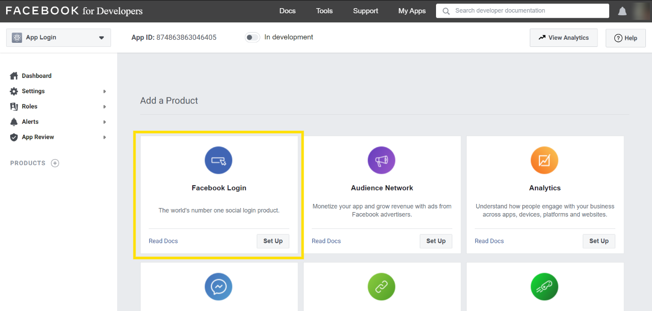 Image of how to set up the integration, choose the Facebook login product 