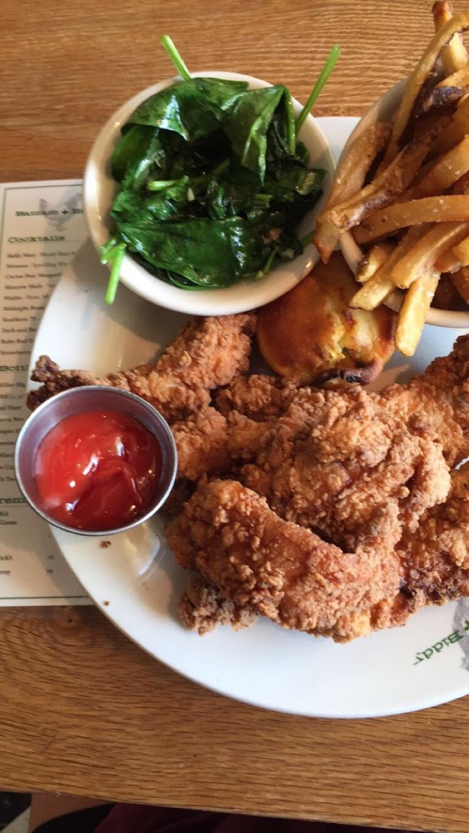 5 GF chicken tenders, fresh cut French fried, sautéed spinach and garlic. And all plates come with GF Jalapeño cornbread! Delicious and filling