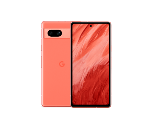 Las partes frontal y posterior del Pixel 7a en color coral 