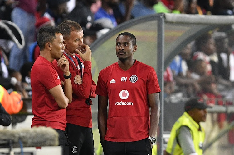 Orlando Pirates head coach Milutin 'Micho' Sredojevic with his assistant Rulani Mokwena and Fadlu Davids during the Absa Premiership match between Orlando Pirates and Baroka FC at Orlando Stadium on January 22, 2019 in Johannesburg, South Africa.