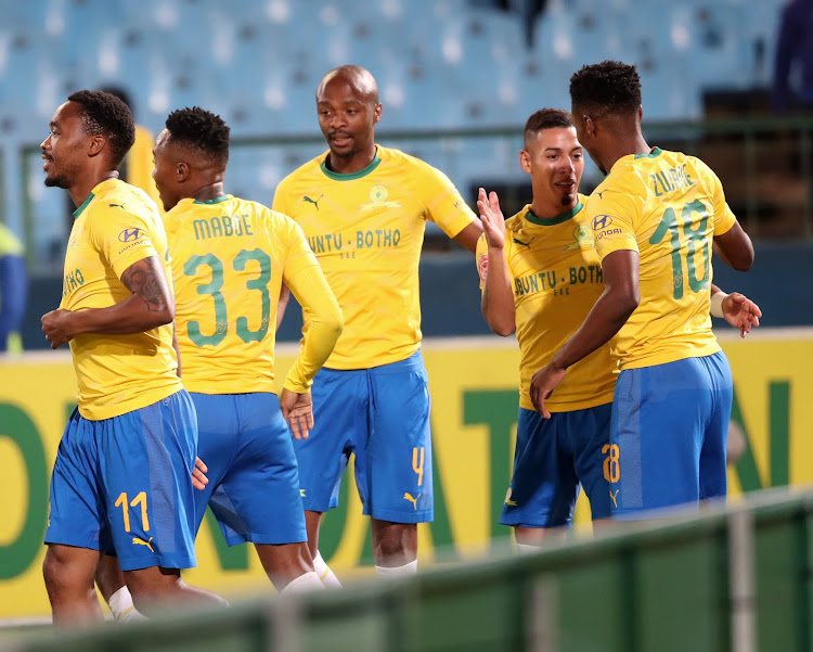 Mamelodi Sundowns start winger Themba Zwane (R) celebrates a goal with teammates during the 2-0 Absa Premiership win over Lamontville Golden Arrows at Loftus on May 7 2019.