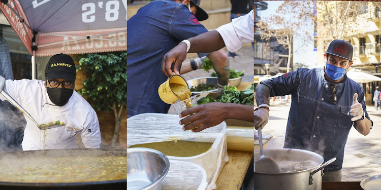 Miles Kubheka of SA Harvest (far right) and Alex Torrão of Eighty8’s Food Company (far left) were among those who took part in the Chefs with Compassion #67000litres for Mandela Day Challenge at Melrose Arch in Johannesburg on July 18 2020.