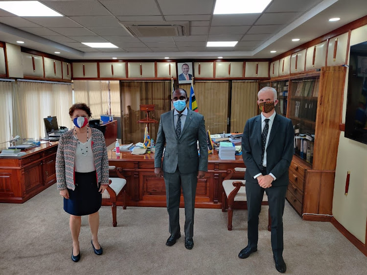 Ambassador of France Aline Menager, Treasury CS Ukur Yatani and EU envoy Simon Mordue on July 13, 2020