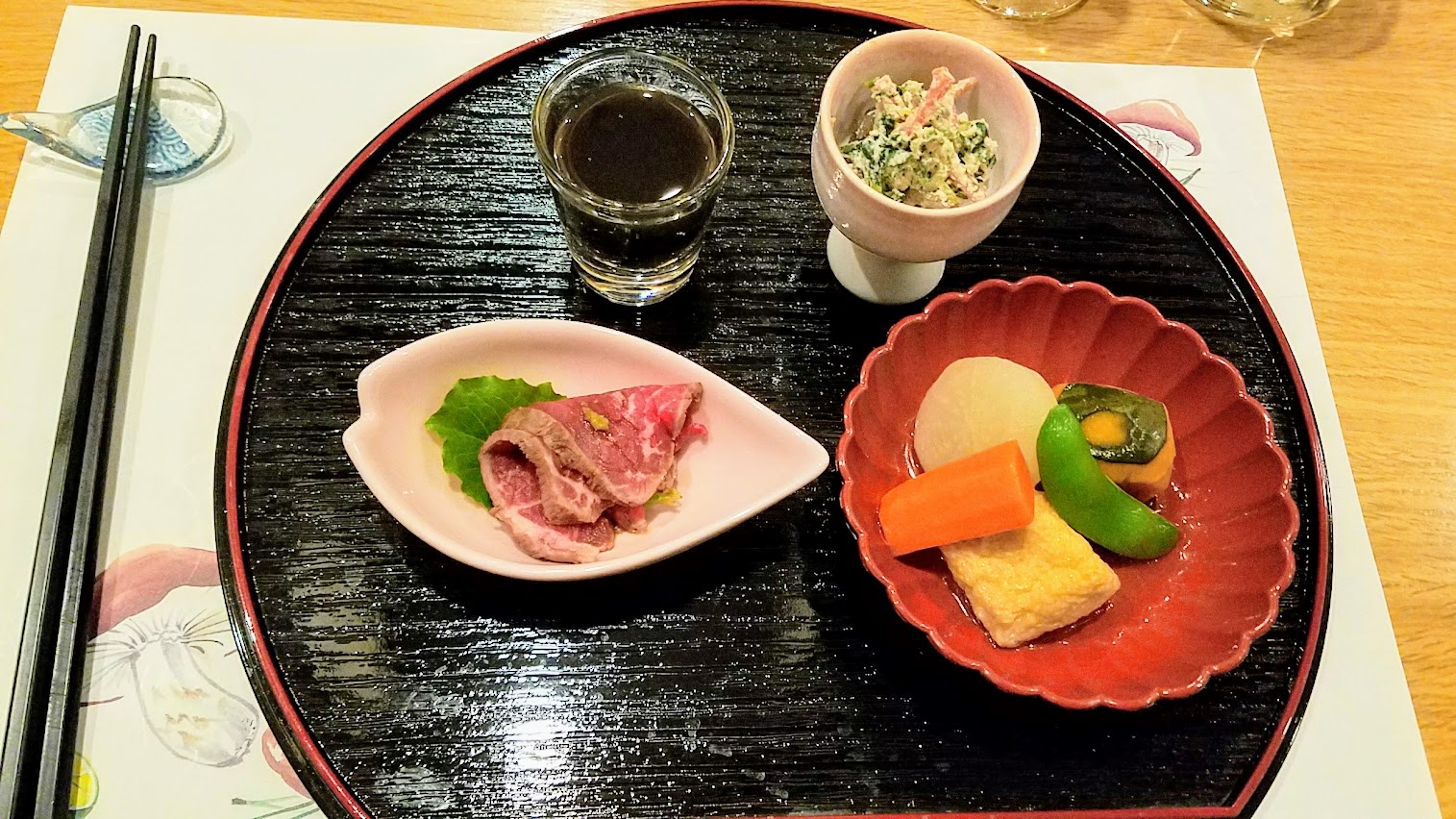 Dinner at Chef Naoko's Shizuku. I ordered the kaiseki, six courses that includes a catch of the day wild sashimi cousre and choice of main dish with rice and miso soup. This is from the second course, which offered four small side dishes height=