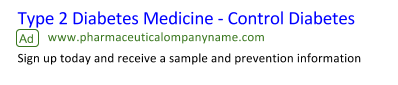 Example of an ad that includes www.pharmaceuticalcompanyname.com as an example of an ad display URL in a made up ad for diabetes medicine