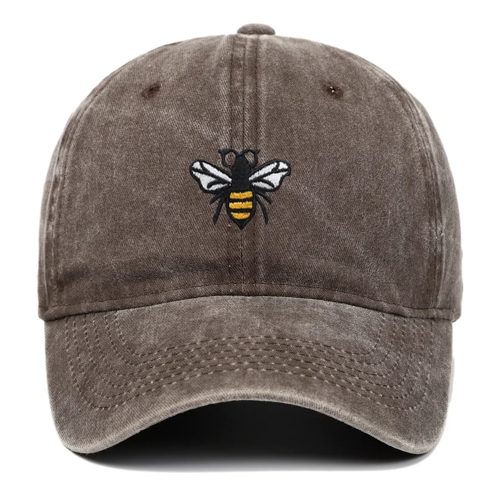 Casquette de baseball brodée d'abeille, style vintage usé et délavé, pour un look décontracté et une protection solaire élégante.