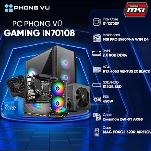 PC PV Gaming IN70108 (Intel Core i7-12700F/2x8GB/512GB SSD/Nvidia GeForce RTX 4060/Free DOS)