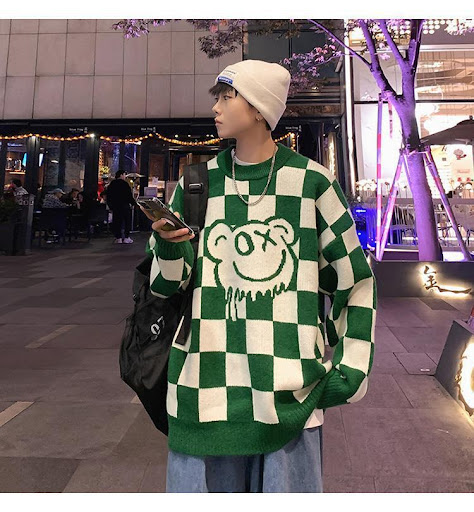 Title 7, Autumn and Winter Loose Chessboard Round Neck S...
