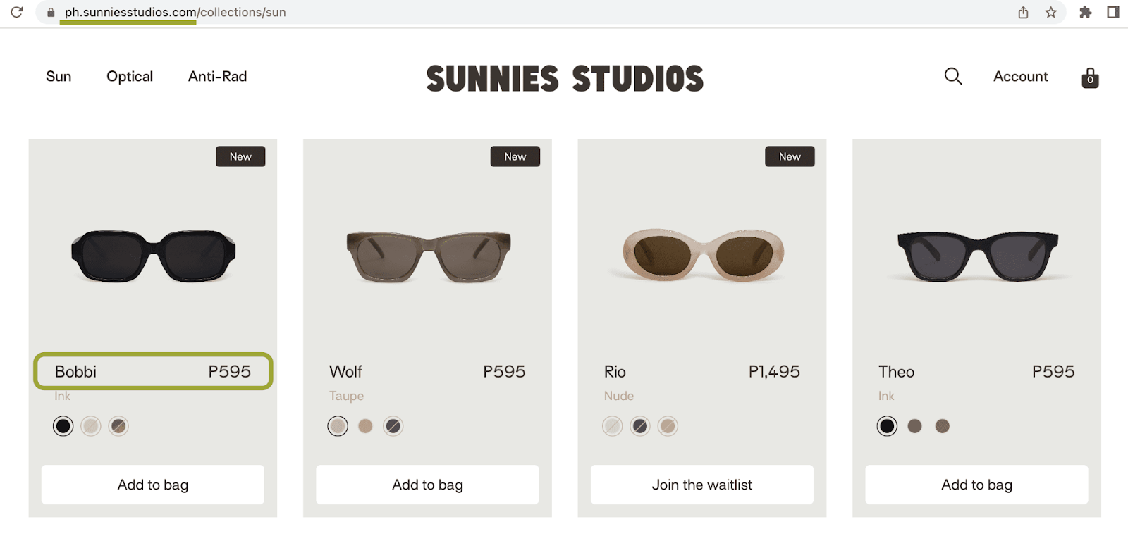 Screenshot of Sunnies Studios website showing sunglasses for sale with Philippine Peso prices