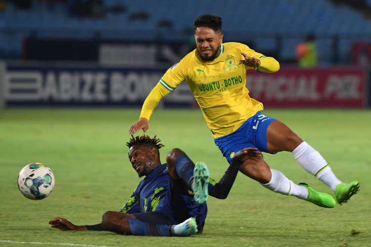 Haashim Domingo of Sundowns and Lebogang Mabotja of Marumo Gallants during the DStv Premiership match between Mamelodi Sundowns and Marumo Gallants FC.