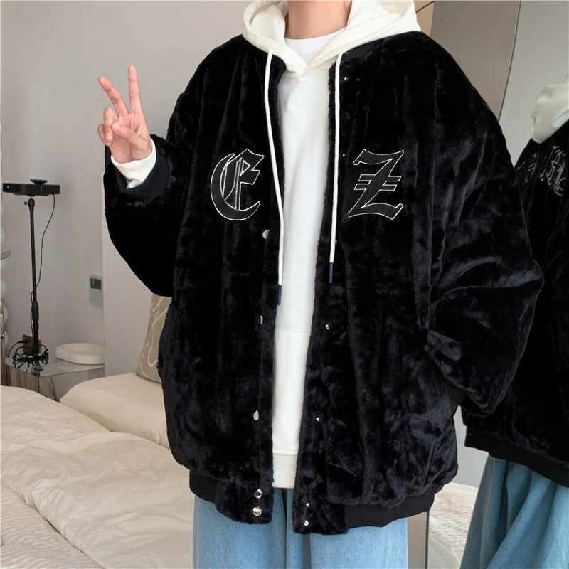 Chaqueta béisbol retro americano gruesa de invierno con letras del alfabeto, abrigo cálido y cómodo para hombre, estilo vintage deportivo
