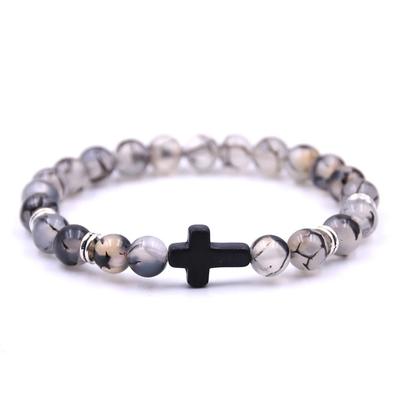Bracelet élastique filaire croix noire en pierre naturelle Un bijou élégant et spirituel, s'adapte à tous les poignets, cadeau parfait.