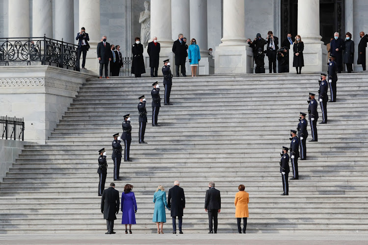 U.S. President-elect Joe Biden, his wife Jill Biden, Vice President-elect Kamala Harris, her husband Doug Emhoff, U.S. Senator Roy Blunt (R-MO) and Senator Amy Klobuchar (D-MN) arrive ahead of the inauguration of Biden, in Washington, U.S., January 20, 2021.