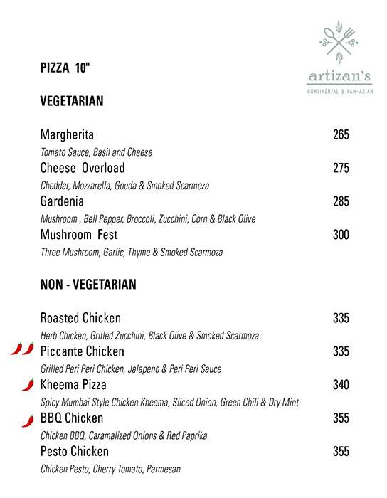 Artizan's - Continental And Asian menu 