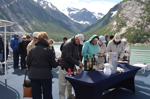 The full-service hot chocolate bar on the sun deck of the American Spirit in Tracy Arm, Alaska, is a warm treat in this cool climate.