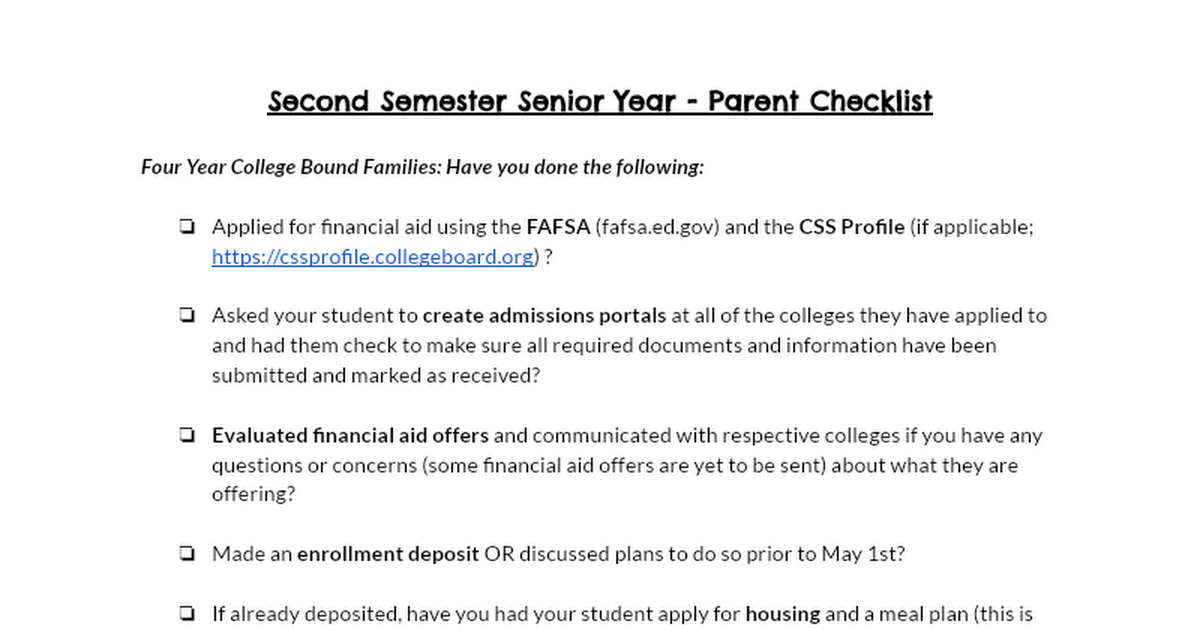 Senior Parent Checklist - Spring