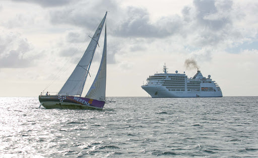 Silver Spirit and a yacht share the tranquil waters of Le Marin Lagoon in Martinique. 