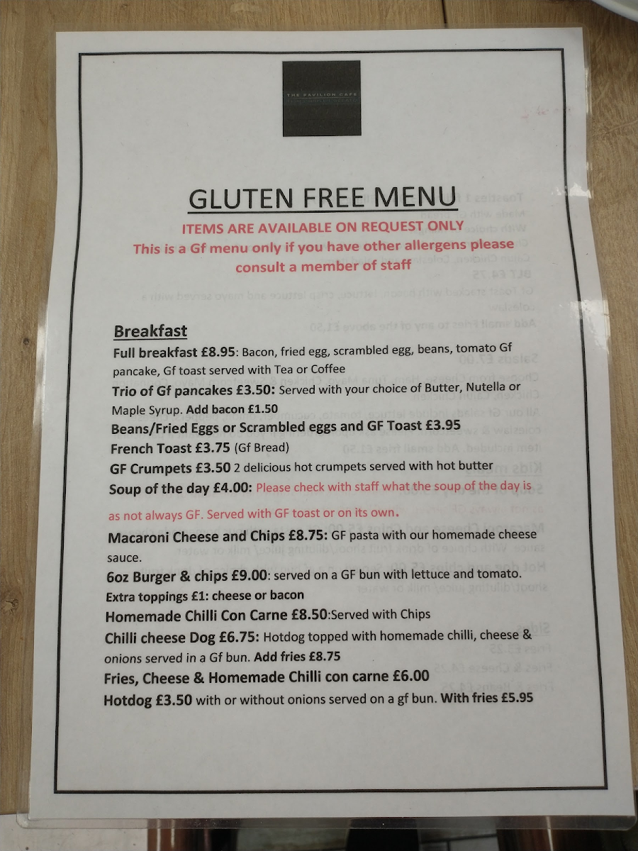 The Pavilion Café gluten-free menu