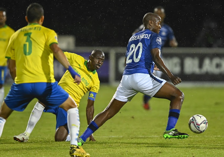 Judas Moseamedi of Maritzburg United breaks through the defence during the DStv Premiership match between Maritzburg United and Mamelodi Sundowns at Harry Gwalla Stadium on December 05, 2020 in Pietermaritzburg.