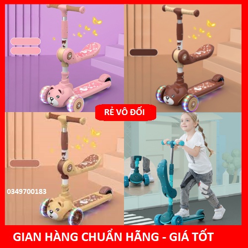 Xe Scooter Gấu Có Nhạc Và Đèn Phát Sáng Xe Scooter Cho Bé Đa Năng, Xe Scooter Chòi Chân{ Cao Cấp}