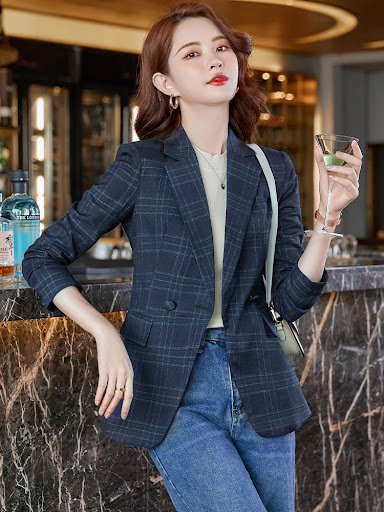 Title 3, Womens Coffee Plaid Suit Jacket Autumn Loose "...