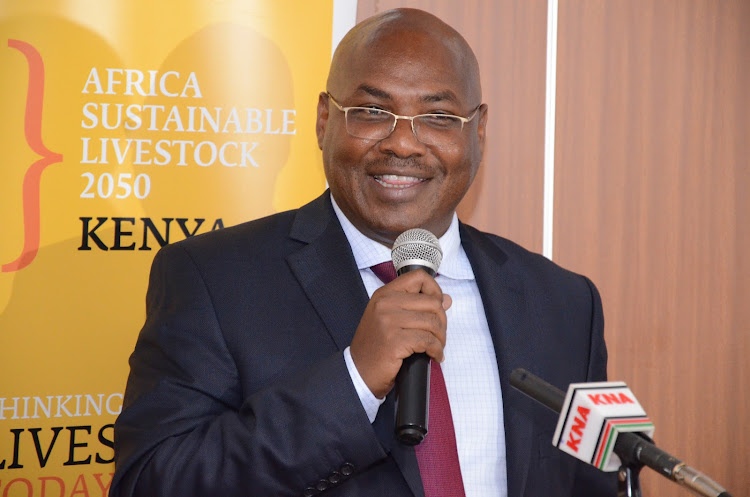 Livestock PS Harry Kimtai addressing a forum during the launch of Kenya cattle and poultry future scenarios report at Sarova Panafric, Nairobi on July 16, 2019.