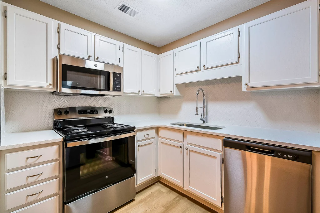 View of model kitchen with stainless steel appliances