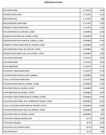 Biriyani House menu 