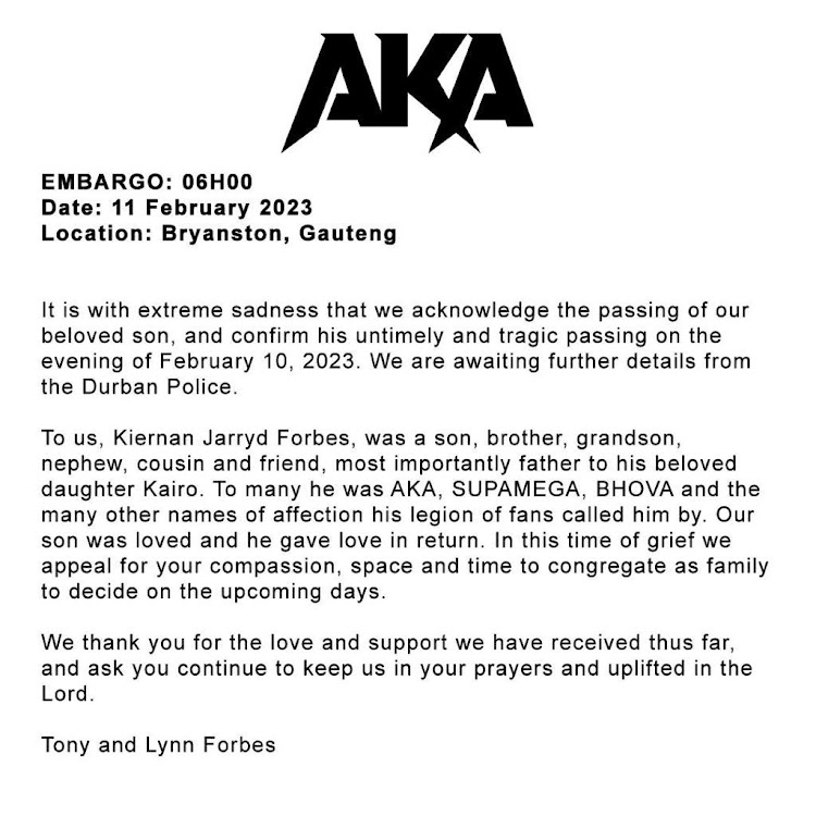 The Forbes family have shared a statement with regards to their son's passing.