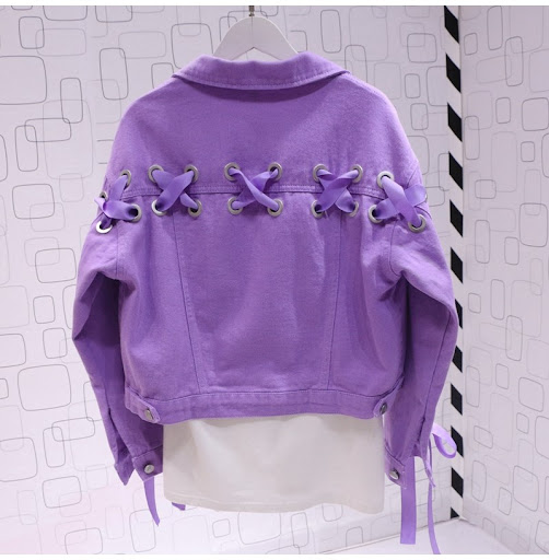 Title 5, Short denim jacket with bow tie top in purple. ...