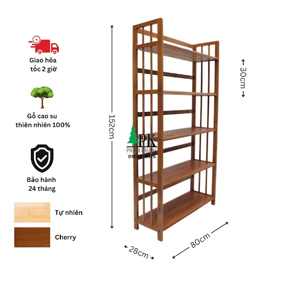 Kệ Sách Gỗ 5 Tầng Rộng 80Cm Màu Vàng Cherry